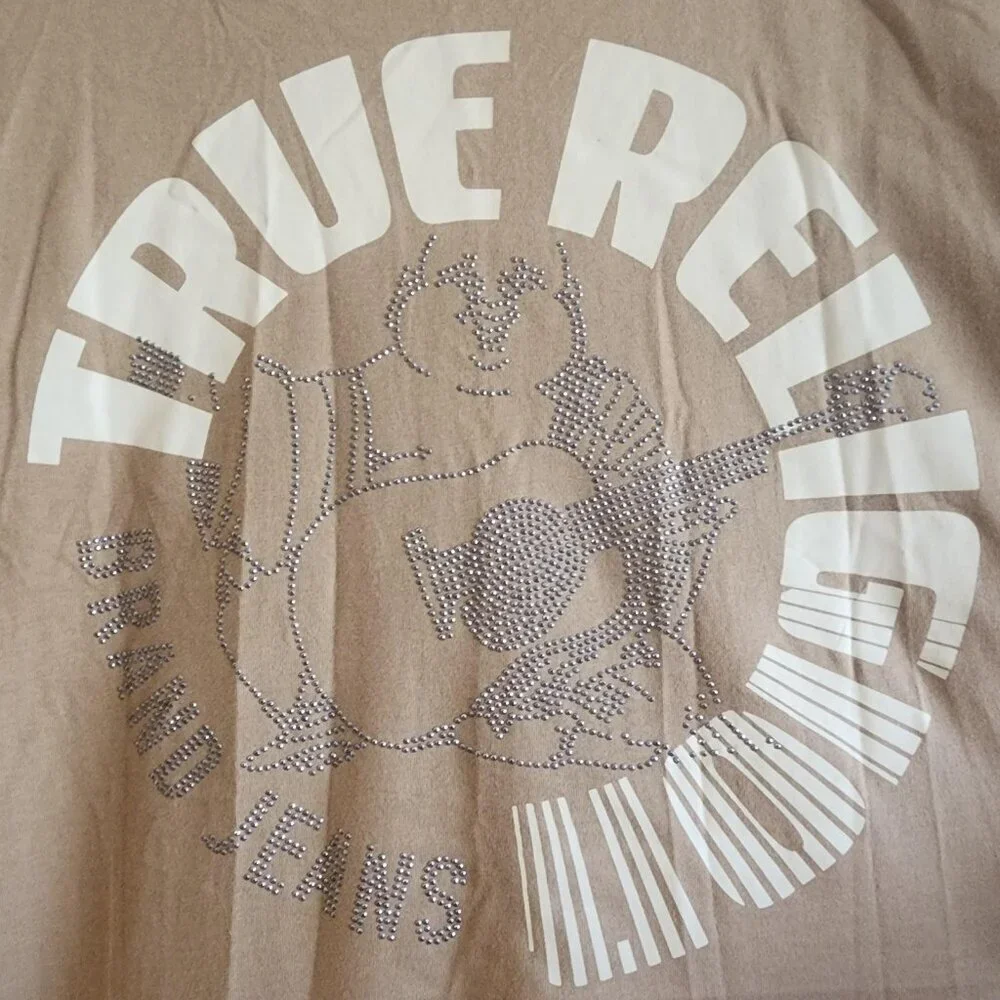 True Religion Shirt Mens Large Tan Buddha Rhinestone Graphic Tee Short Sleeve